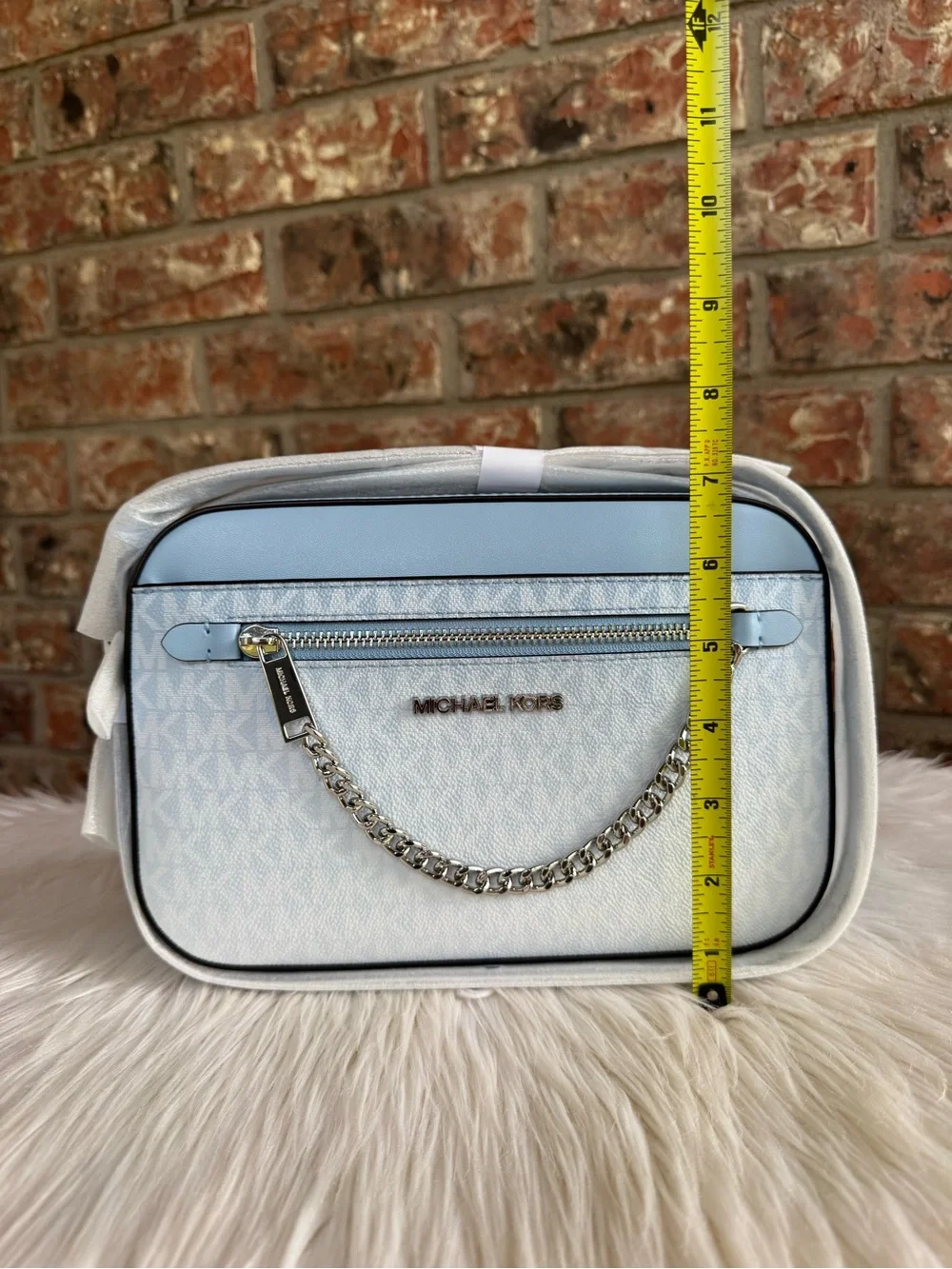Michael Kors Light Blue and White Chain-Trim Crossbody Bag